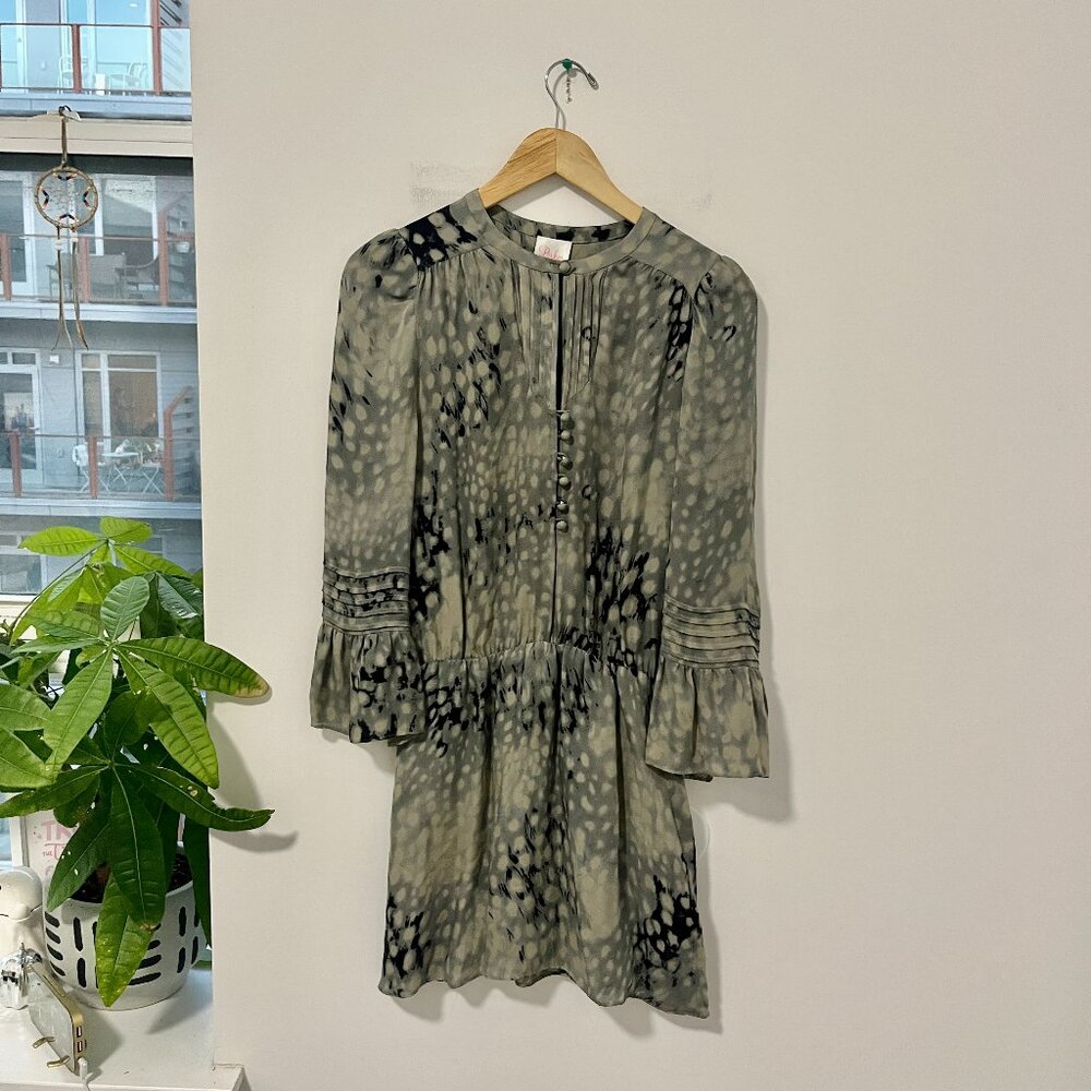 Parker Green & Black Animal Print Long Sleeve Silk Dress Size XS